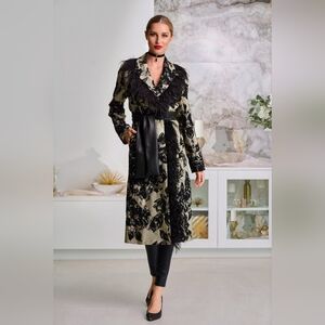 NEW - Boston Proper Faux-Feather Trim Jacquard Statement Coat - Size Medium